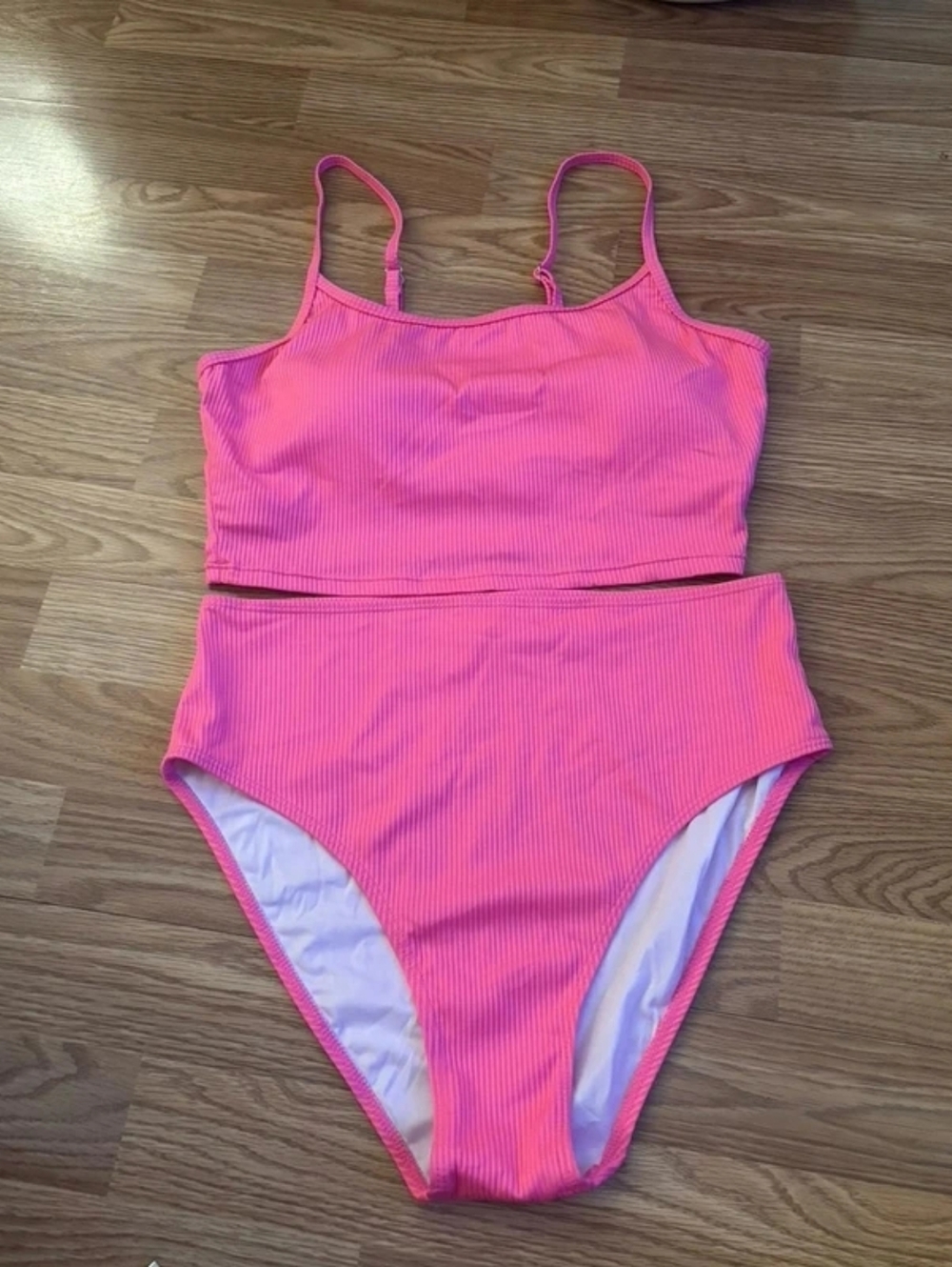 Neon Pink Ribbed Two-Piece Swimsuit Set